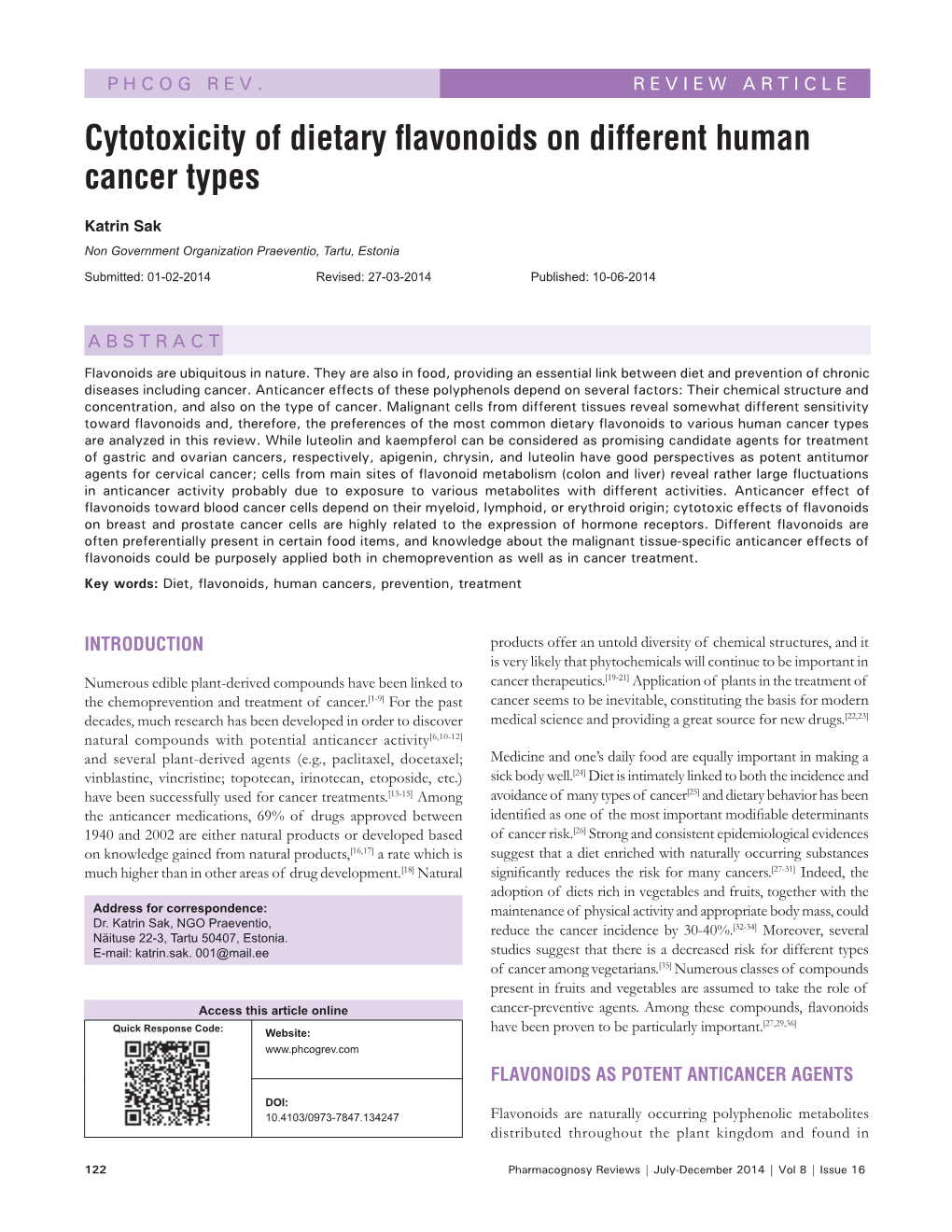 Cytotoxicity of Dietary Flavonoids on Different Human Cancer Types