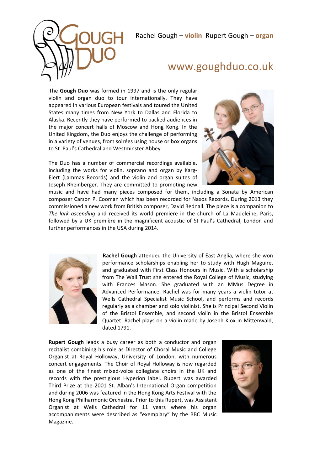 The Gough Duo Was Formed in 1997 and Is the Only Regular Violin and Organ Duo to Tour