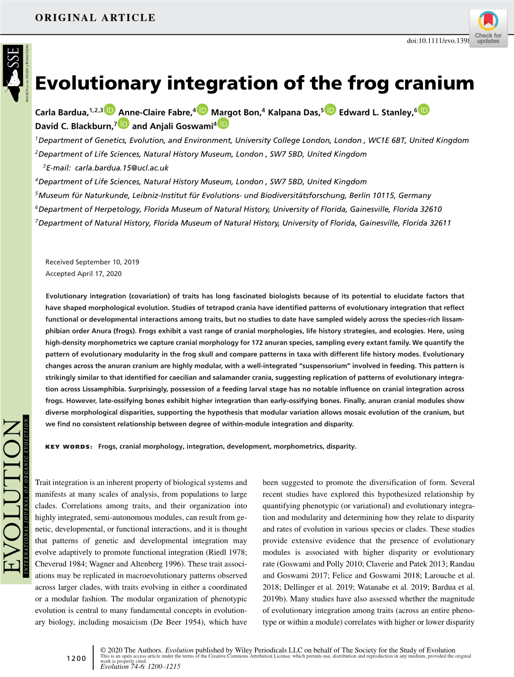 Evolutionary Integration of the Frog Cranium