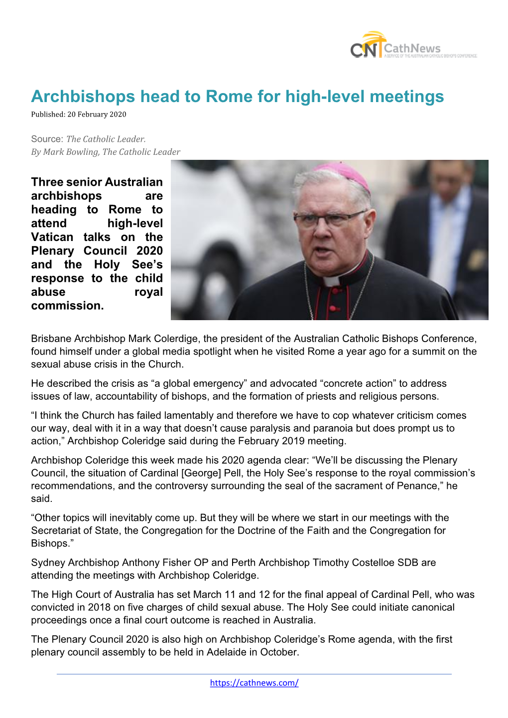 Archbishops Head to Rome for High-Level Meetings Published: 20 February 2020