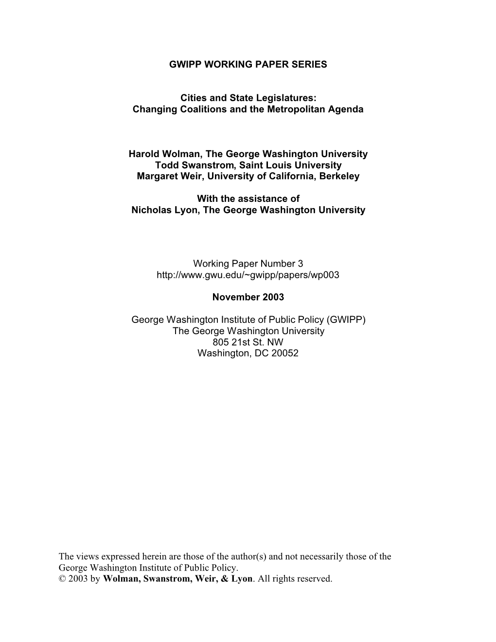 Cities and State Legislatures: Changing Coalitions and the Metropolitan Agenda