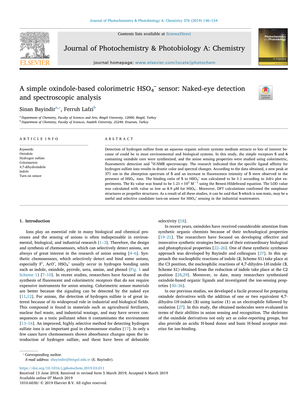 A Simple Oxindole-Based Colorimetric HSO4¯ Sensor Naked-Eye Detection and Spectroscopic Analysis