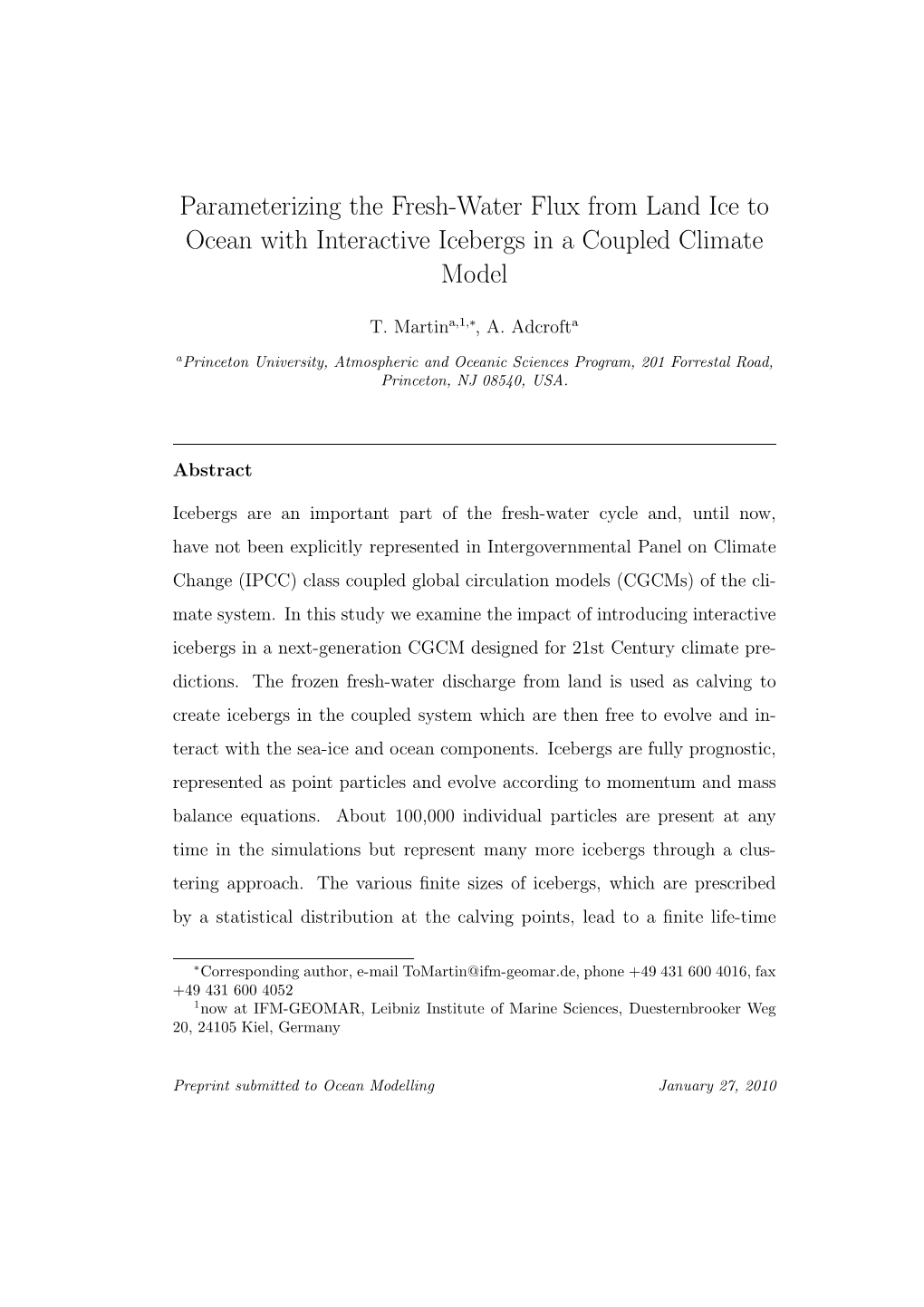 Parameterizing the Fresh-Water Flux from Land Ice to Ocean with Interactive Icebergs in a Coupled Climate Model