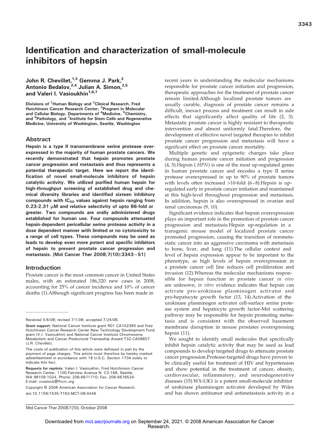 Identification and Characterization of Small-Molecule Inhibitors of Hepsin