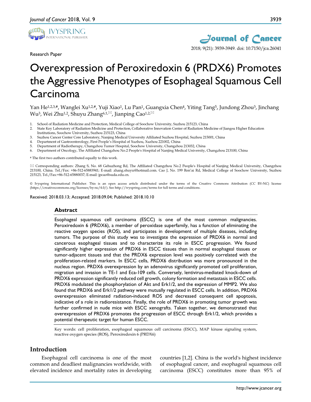 Overexpression of Peroxiredoxin 6 (PRDX6) Promotes the Aggressive