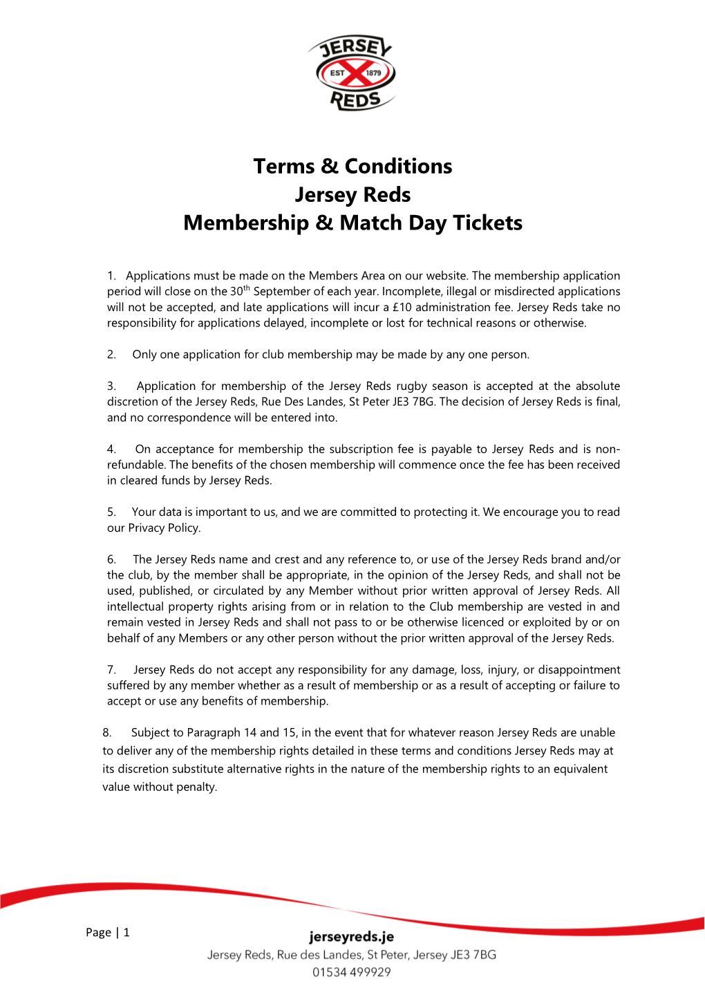 Terms & Conditions Jersey Reds Membership & Match Day Tickets