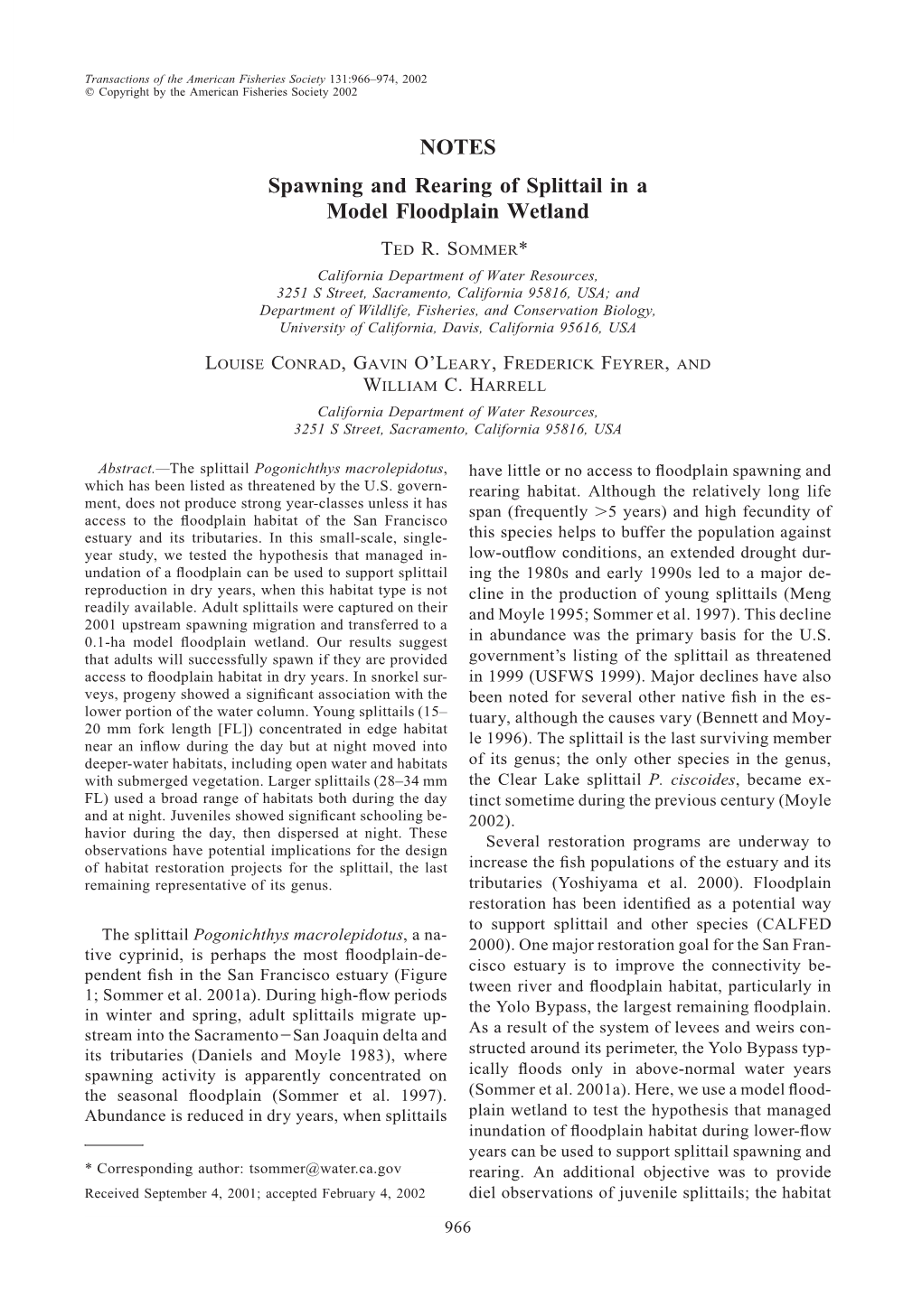 NOTES Spawning and Rearing of Splittail in a Model Floodplain Wetland