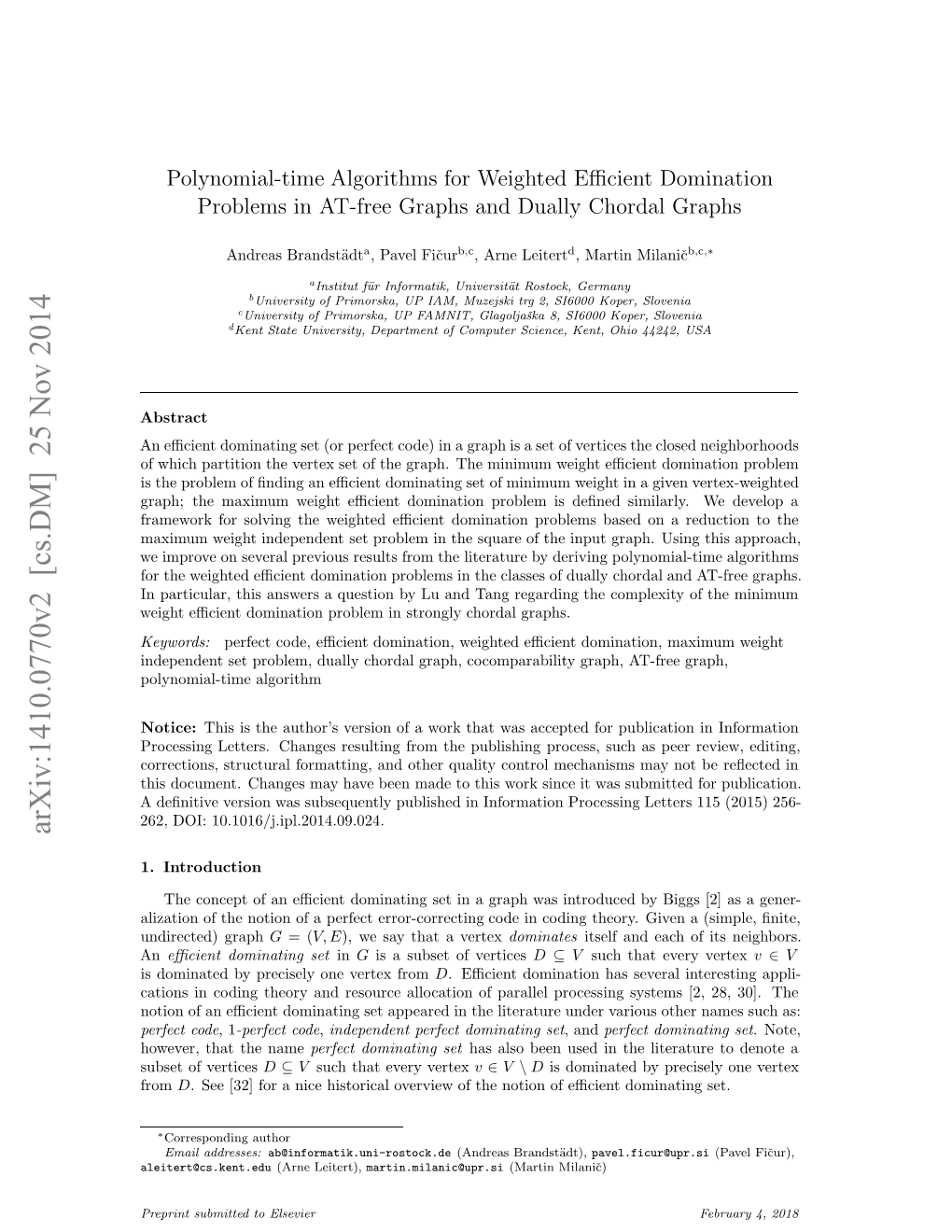 Polynomial-Time Algorithms for Weighted Efficient Domination Problems in AT-Free Graphs and Dually Chordal Graphs