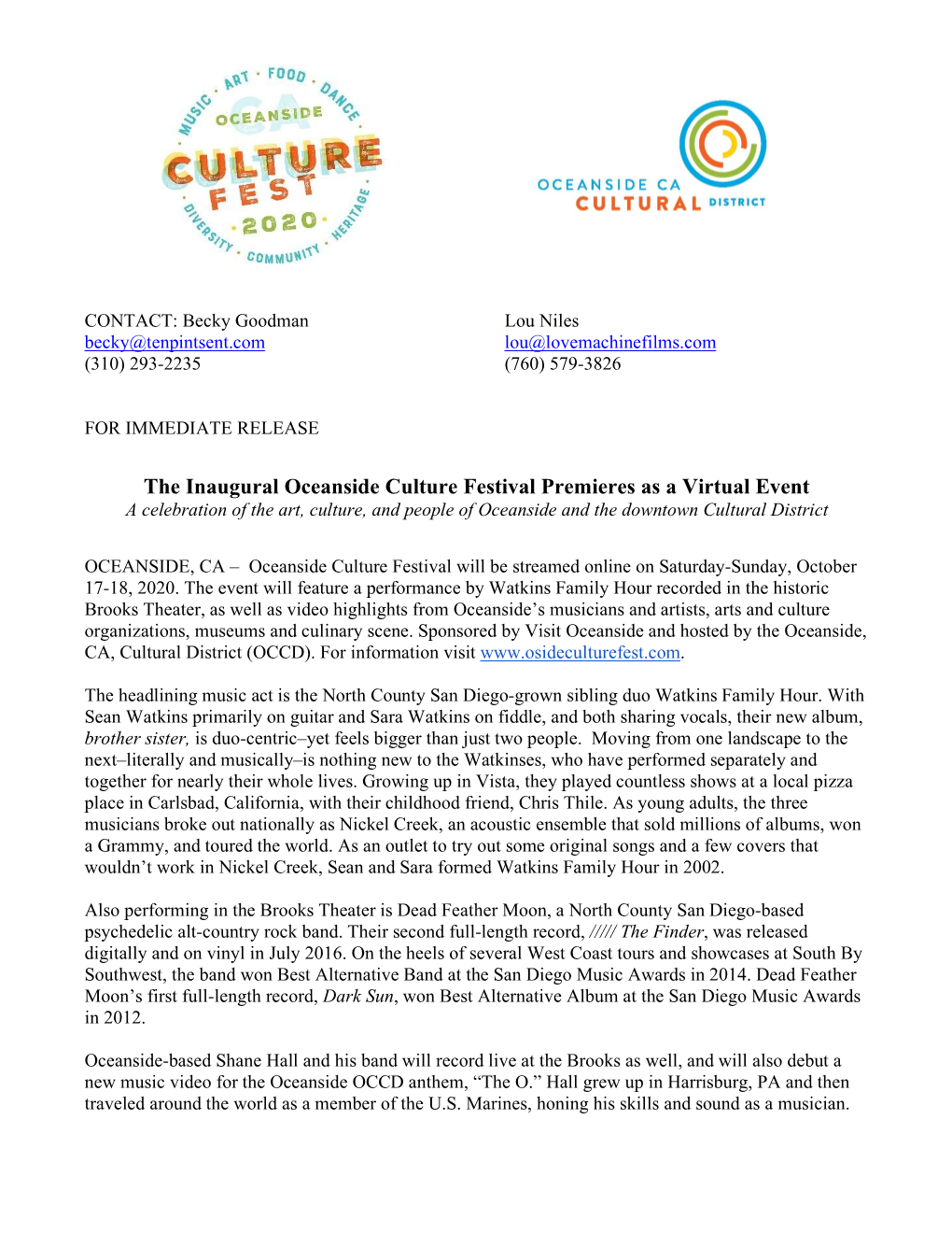 The Inaugural Oceanside Culture Festival Premieres As a Virtual Event a Celebration of the Art, Culture, and People of Oceanside and the Downtown Cultural District