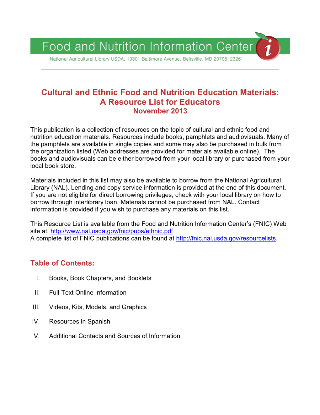 Cultural and Ethnic Food and Nutrition Education Materials: a Resource List for Educators November 2013