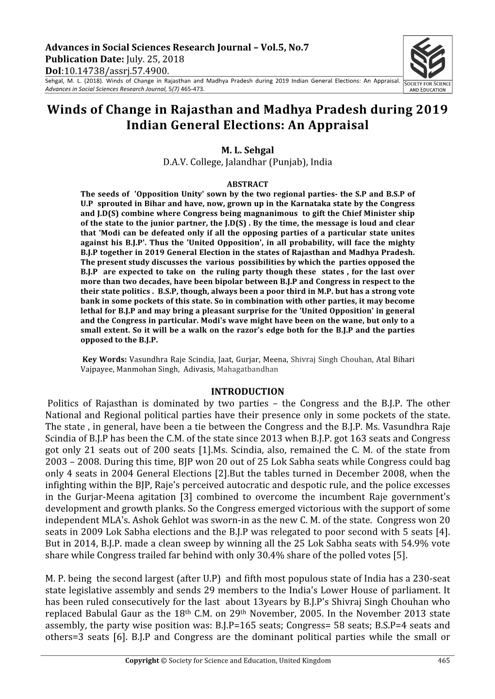 Winds of Change in Rajasthan and Madhya Pradesh During 2019 Indian General Elections: an Appraisal