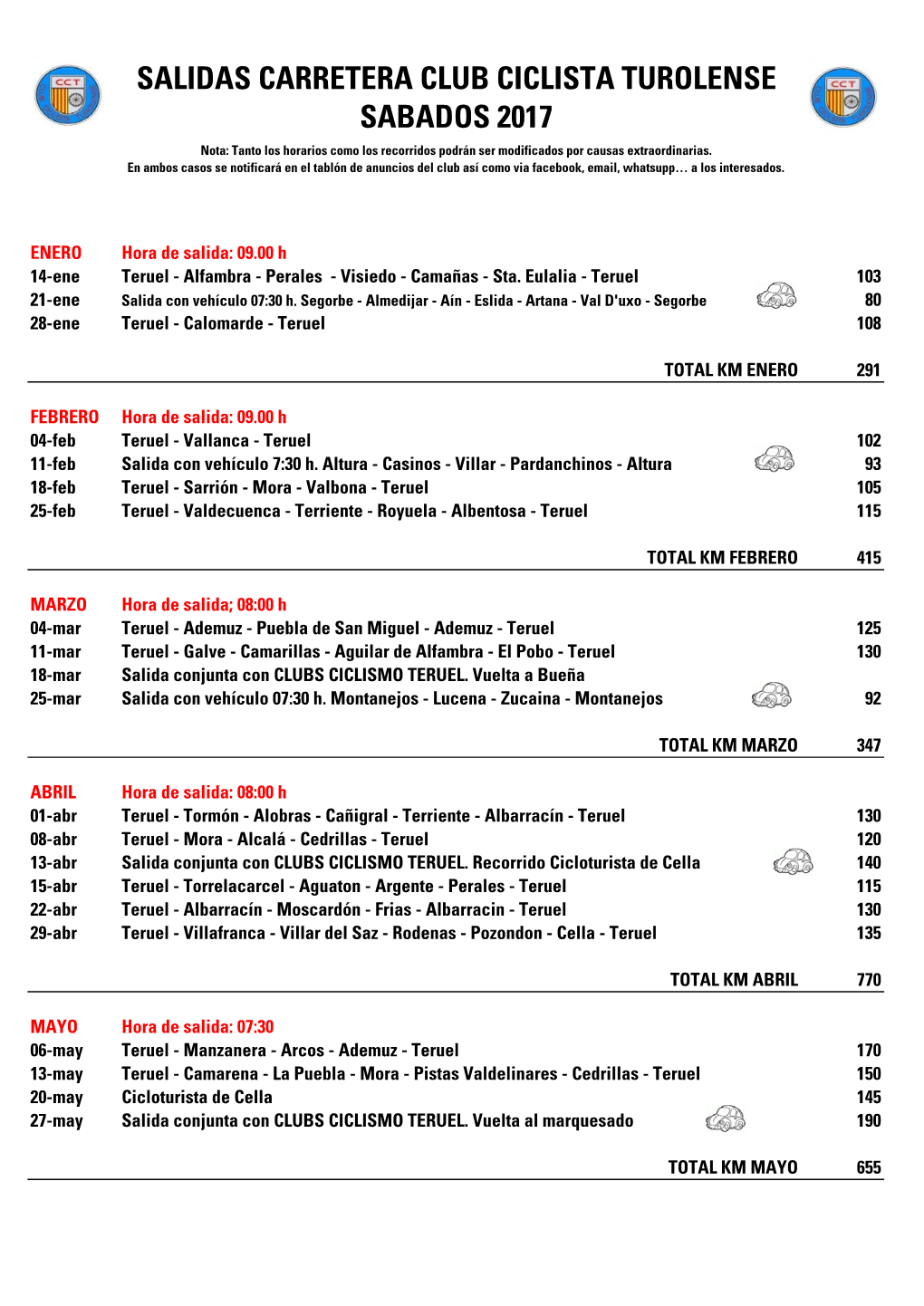 SALIDAS CARRETERA CLUB CICLISTA TUROLENSE SABADOS 2017 Nota: Tanto Los Horarios Como Los Recorridos Podrán Ser Modificados Por Causas Extraordinarias