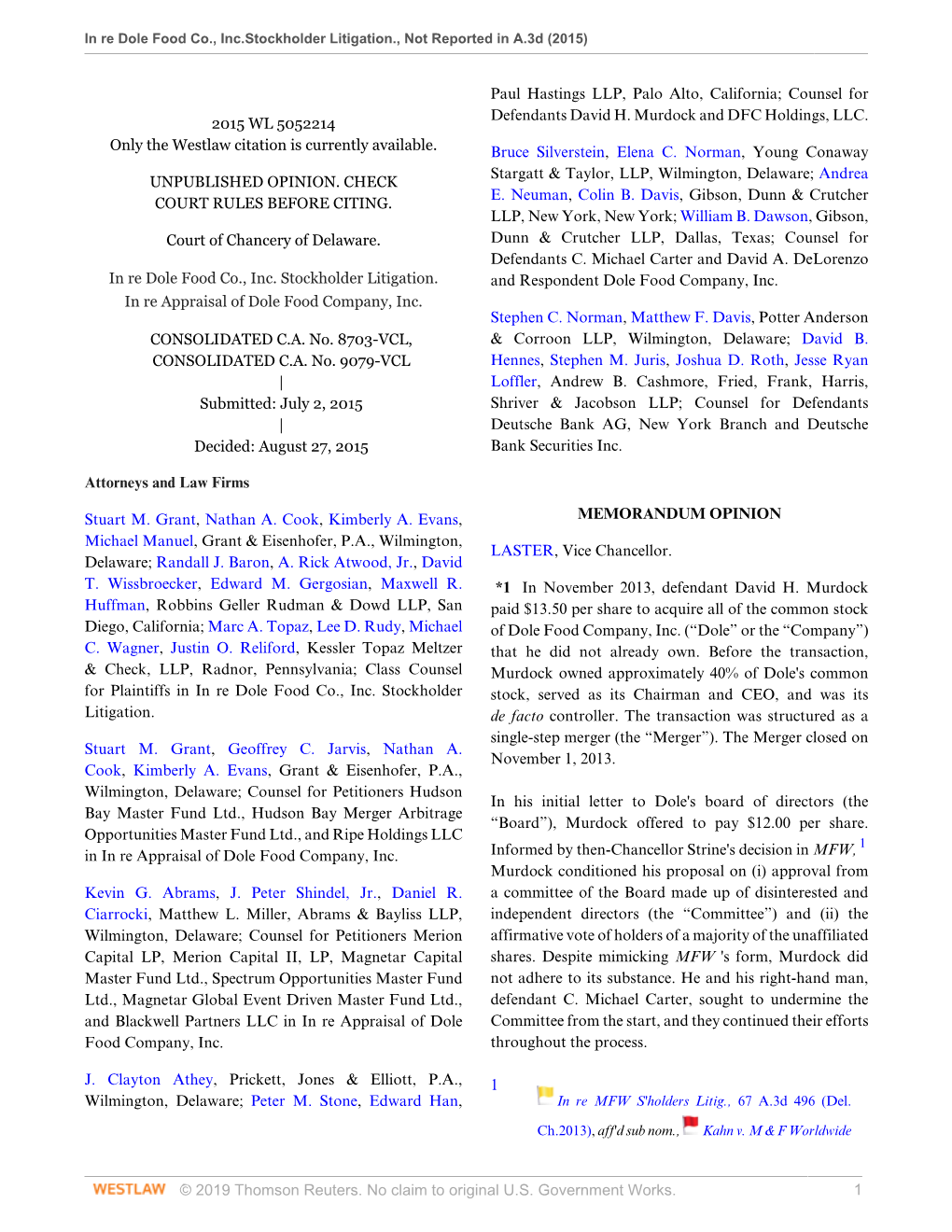In Re Dole Food Co., Inc.Stockholder Litigation., Not Reported in A.3D (2015)