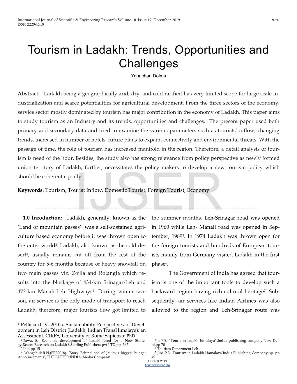 Tourism in Ladakh: Trends, Opportunities and Challenges Yangchan Dolma