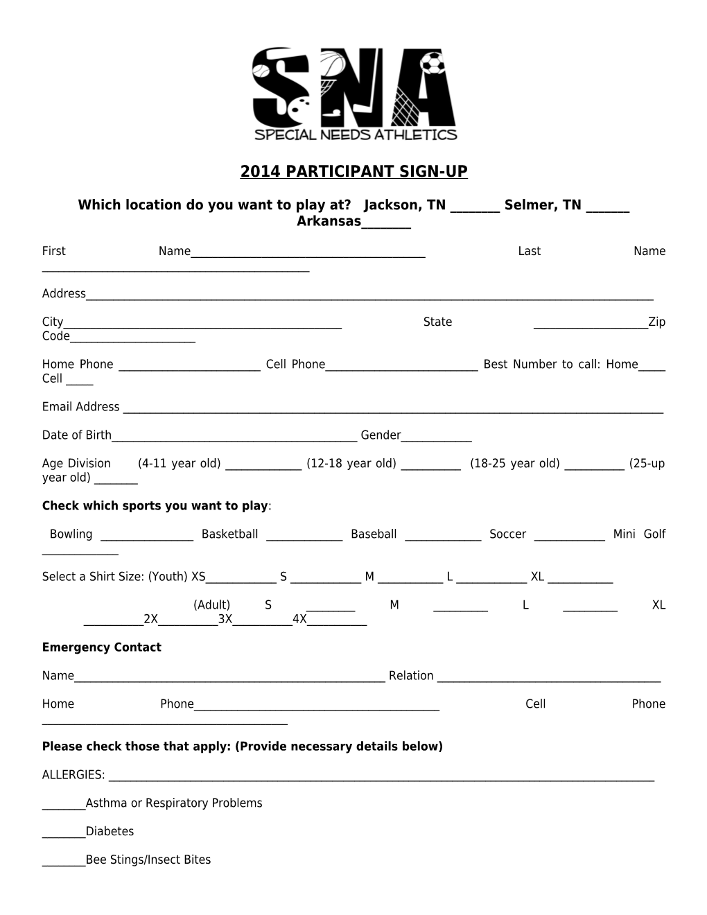 2014 Participant Sign-Up