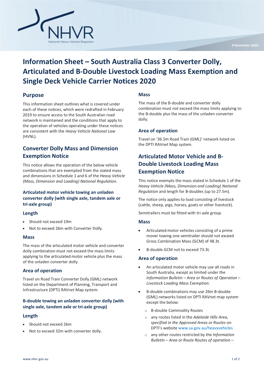 South Australia Class 3 Converter Dolly, Articulated and B-Double Livestock Loading Mass Exemption and Single Deck Vehicle Carrier Notices 2020