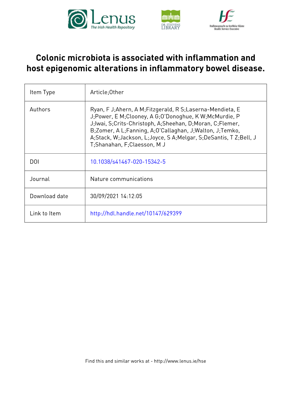 Colonic Microbiota Is Associated with Inflammation and Host Epigenomic Alterations in Inflammatory Bowel Disease