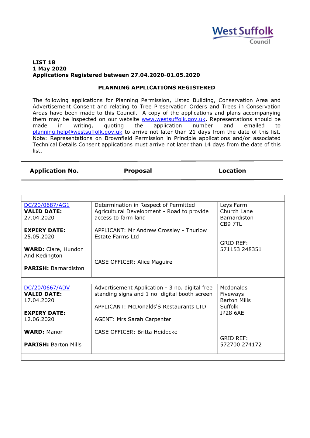 WSC Planning Applications 18/20