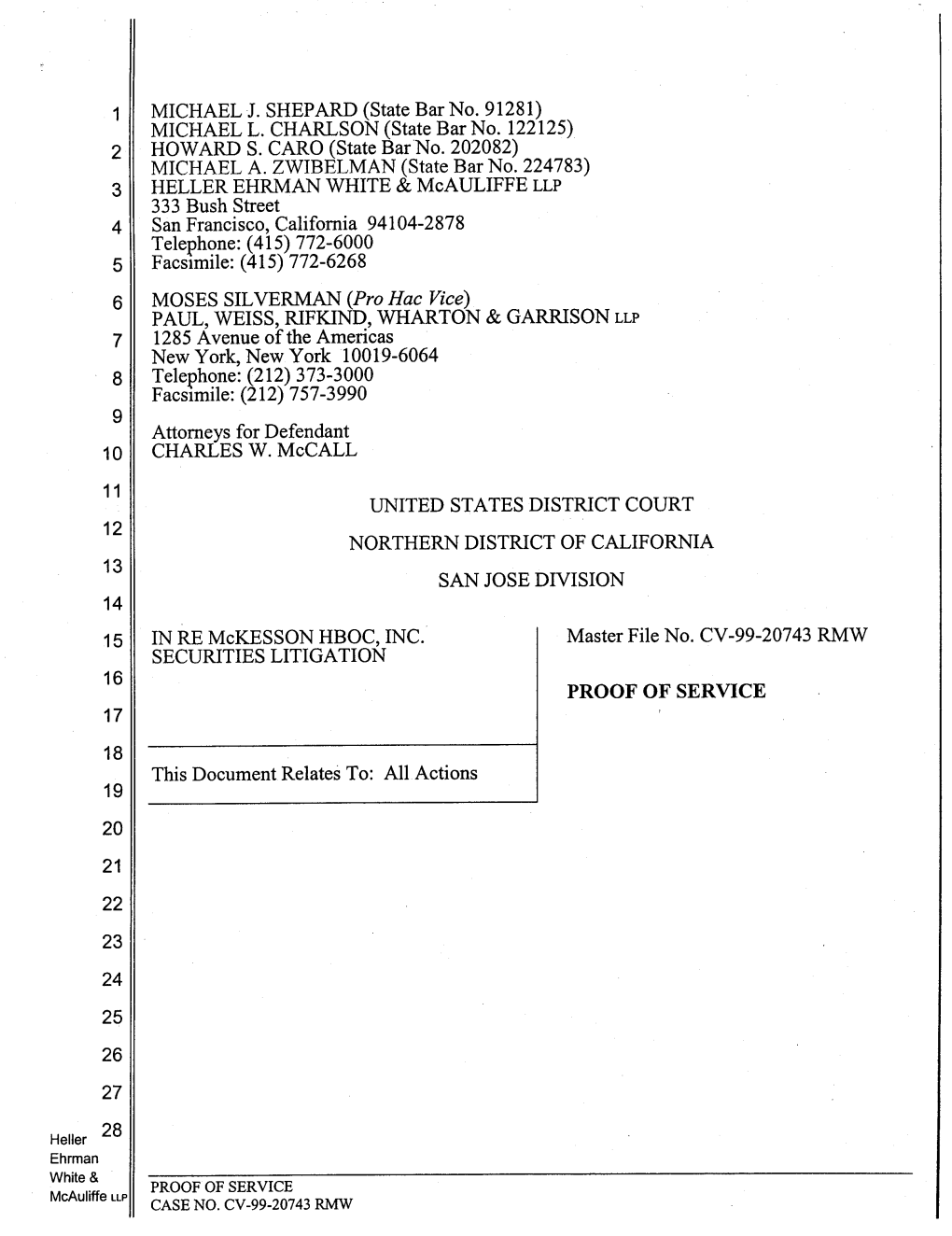 Mckesson HBOC, Inc. Securities Litigation 99-CV-20743-Proof Of