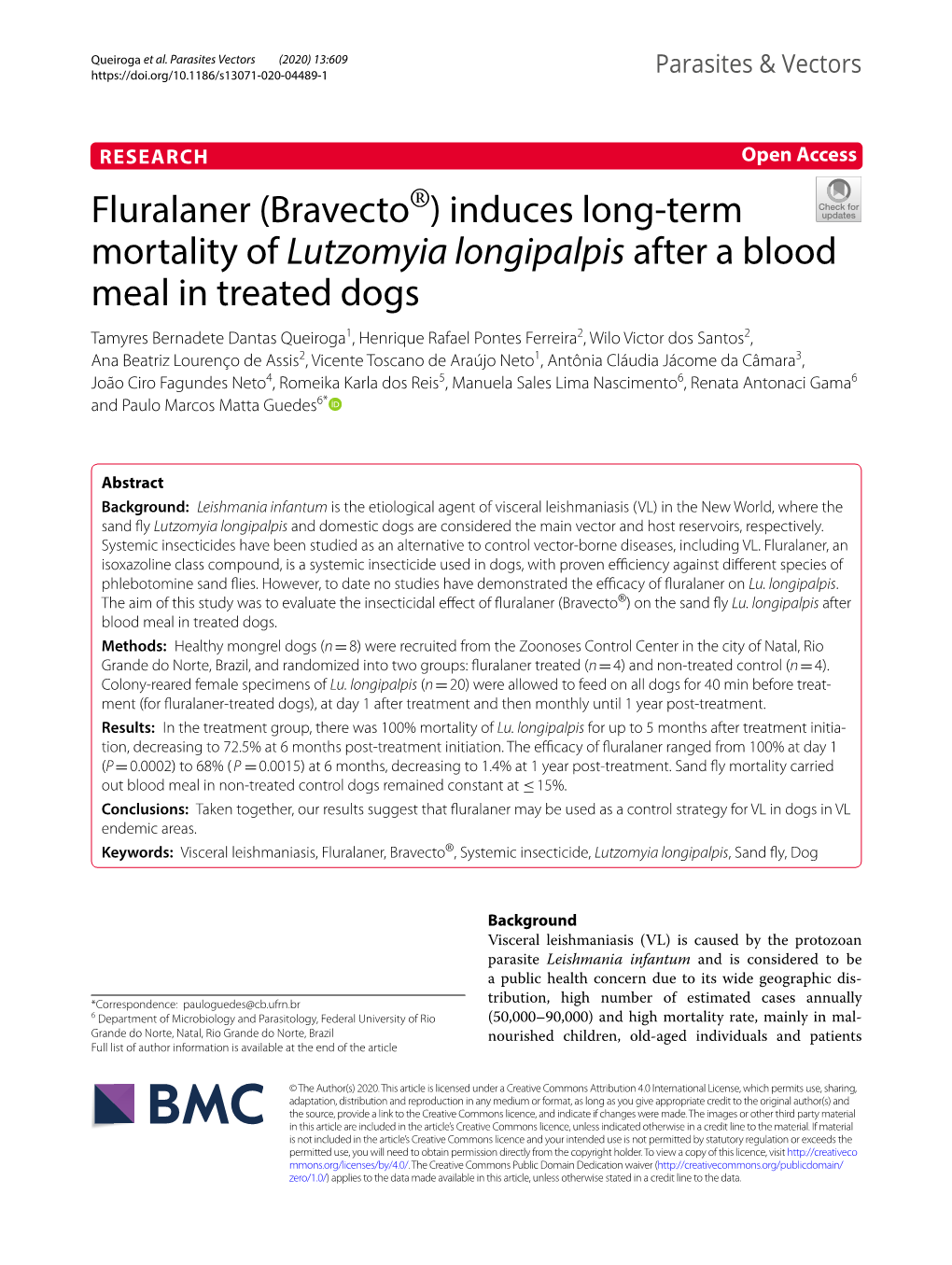 Fluralaner (Bravecto®) Induces Long-Term Mortality of Lutzomyia