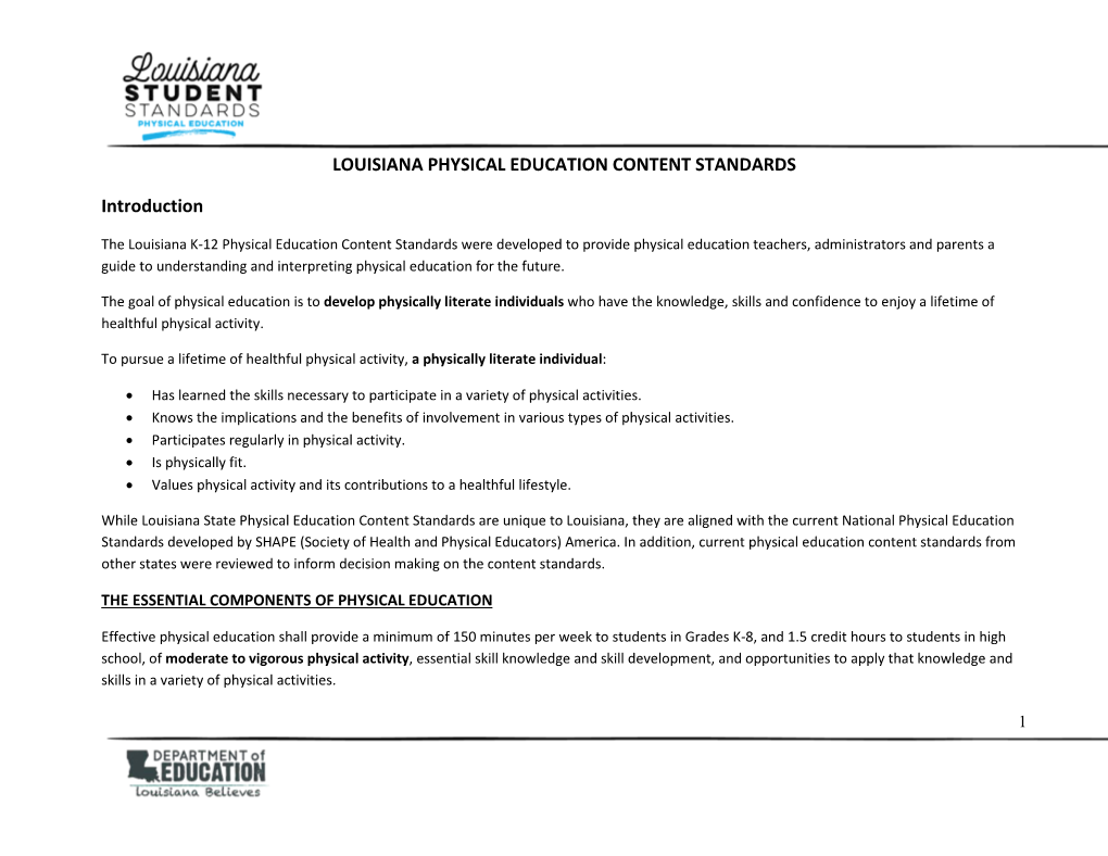 LOUISIANA PHYSICAL EDUCATION CONTENT STANDARDS Introduction