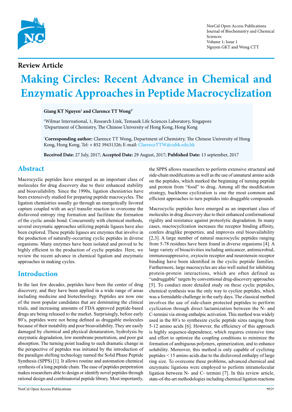 Recent Advance in Chemical and Enzymatic Approaches in Peptide Macrocyclization