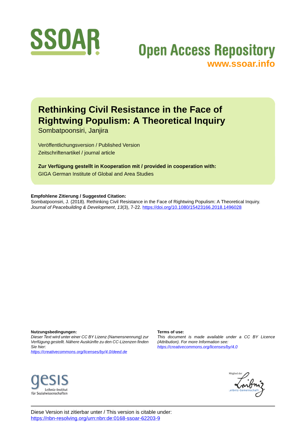 Rethinking Civil Resistance in the Face of Rightwing Populism: a Theoretical Inquiry Sombatpoonsiri, Janjira