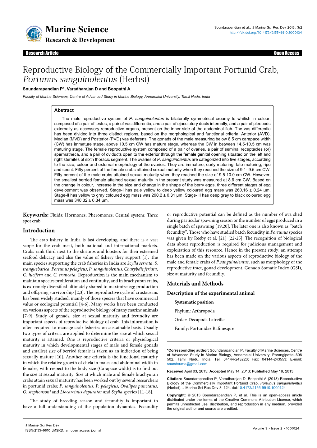 Reproductive Biology of the Commercially Important Portunid