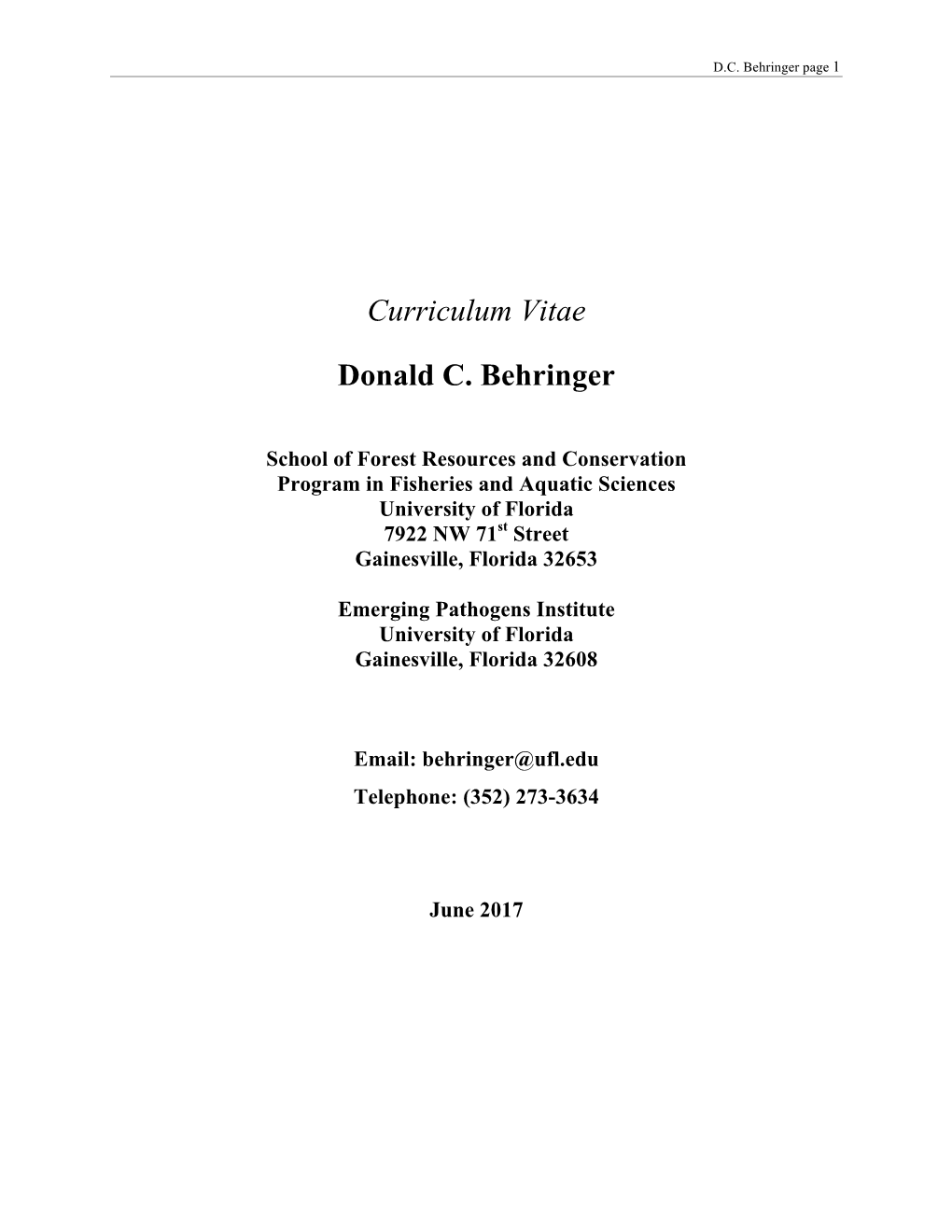 Curriculum Vitae Donald C. Behringer