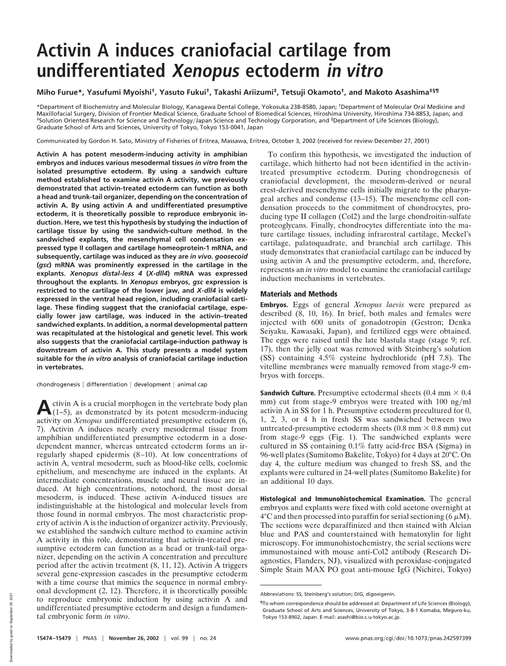 Activin a Induces Craniofacial Cartilage from Undifferentiated Xenopus Ectoderm in Vitro