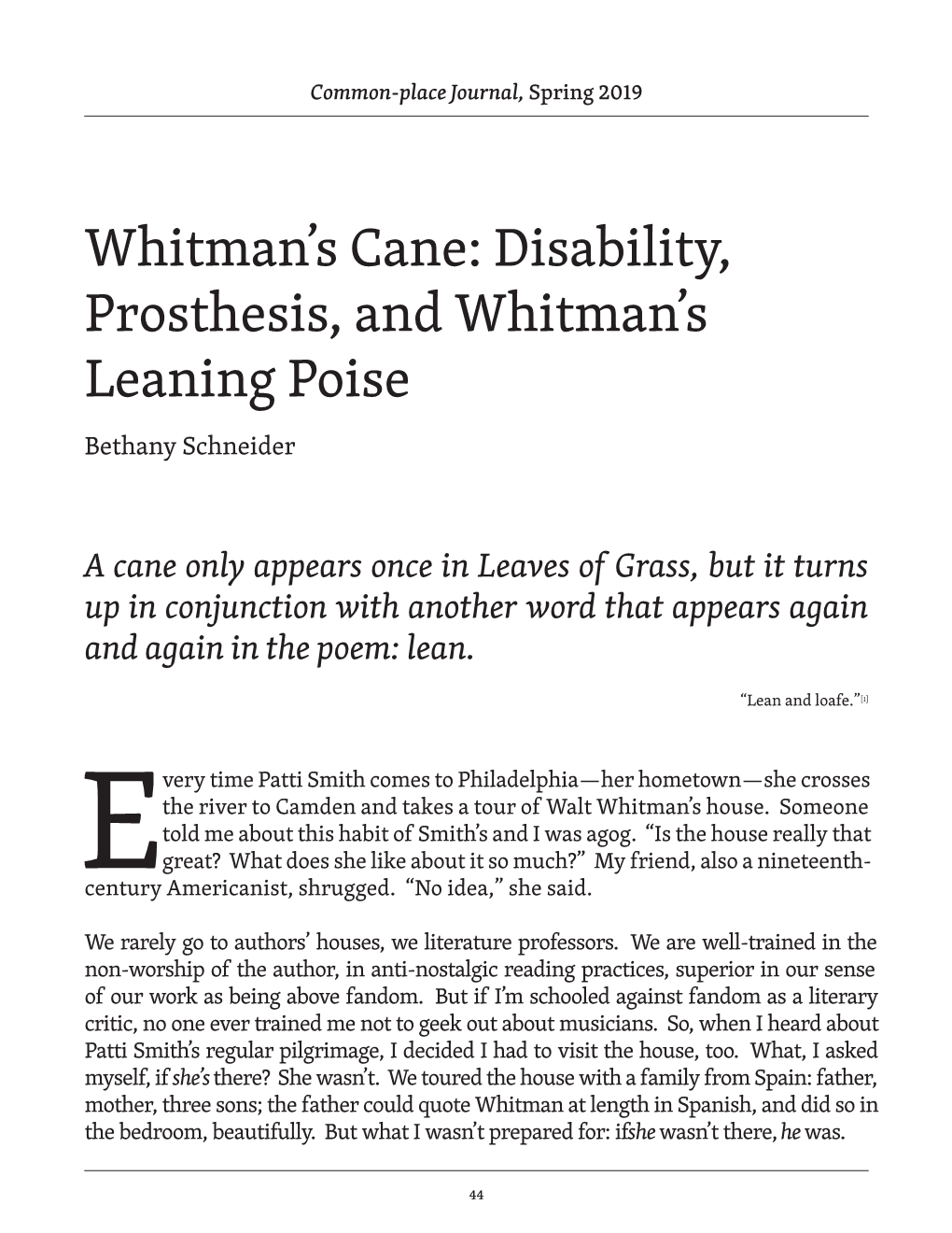 Whitman's Cane: Disability, Prosthesis, and Whitman's Leaning Poise