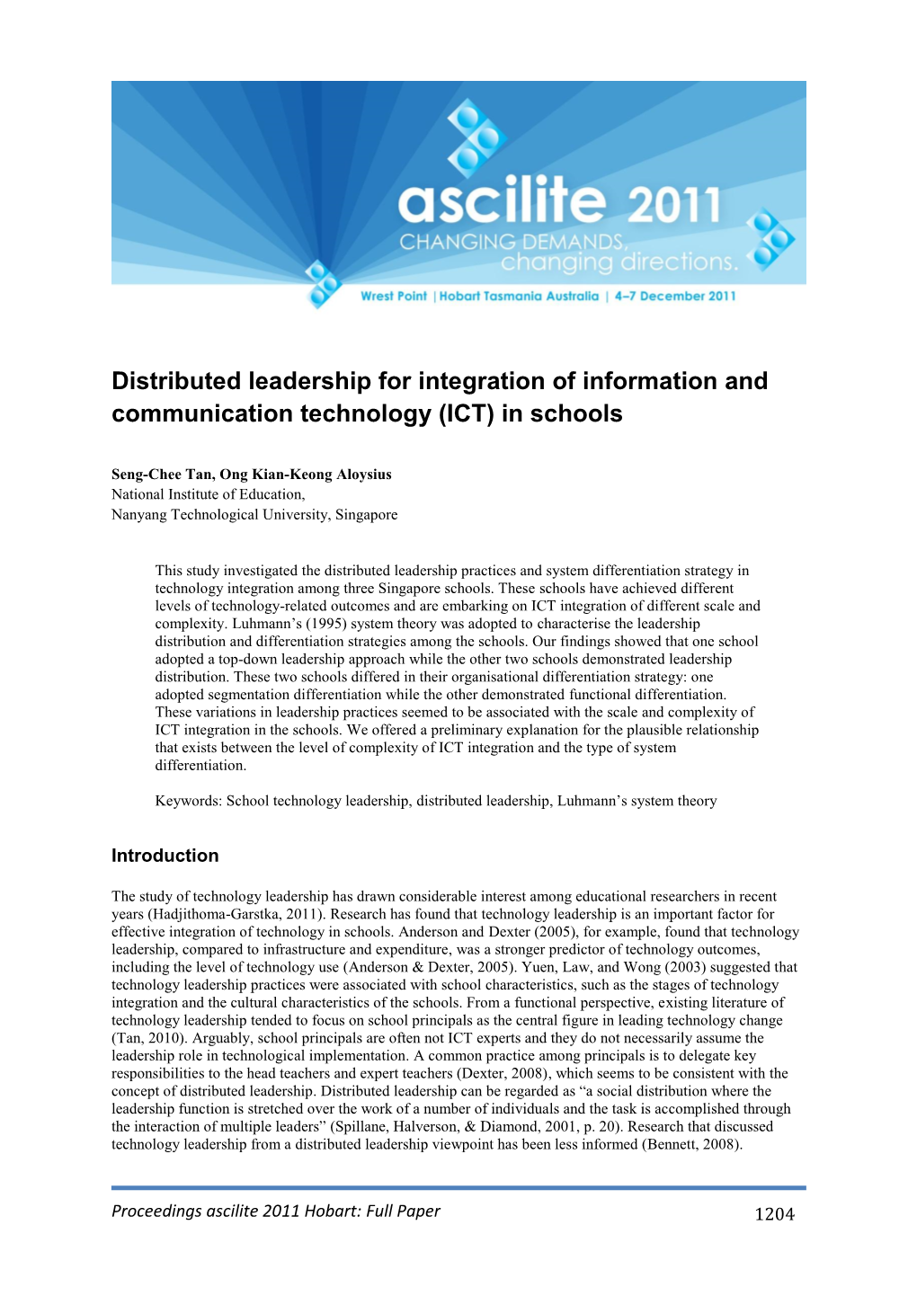 Distributed Leadership for Integration of Information and Communication Technology (ICT) in Schools