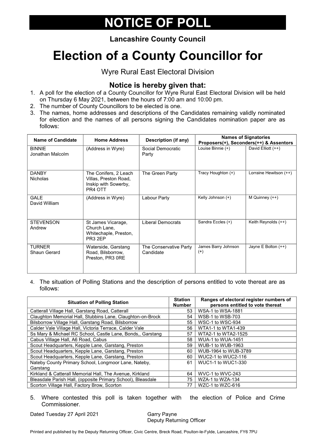 NOTICE of POLL Election of a County Councillor
