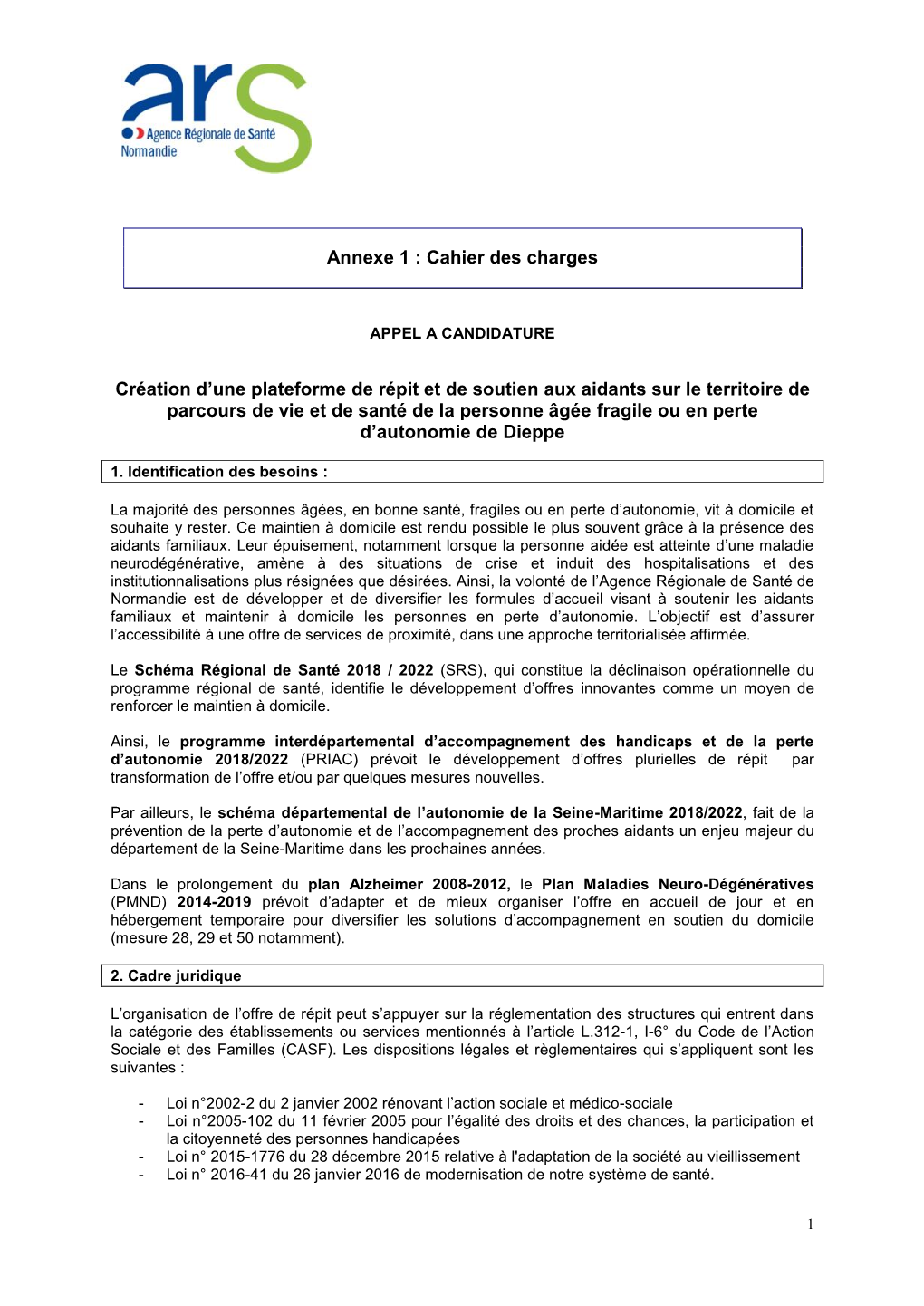 Cahier Des Charges Création D'une Plateforme De Répit Et De Soutien Aux Aidants Sur Le Territoire De Parcours De