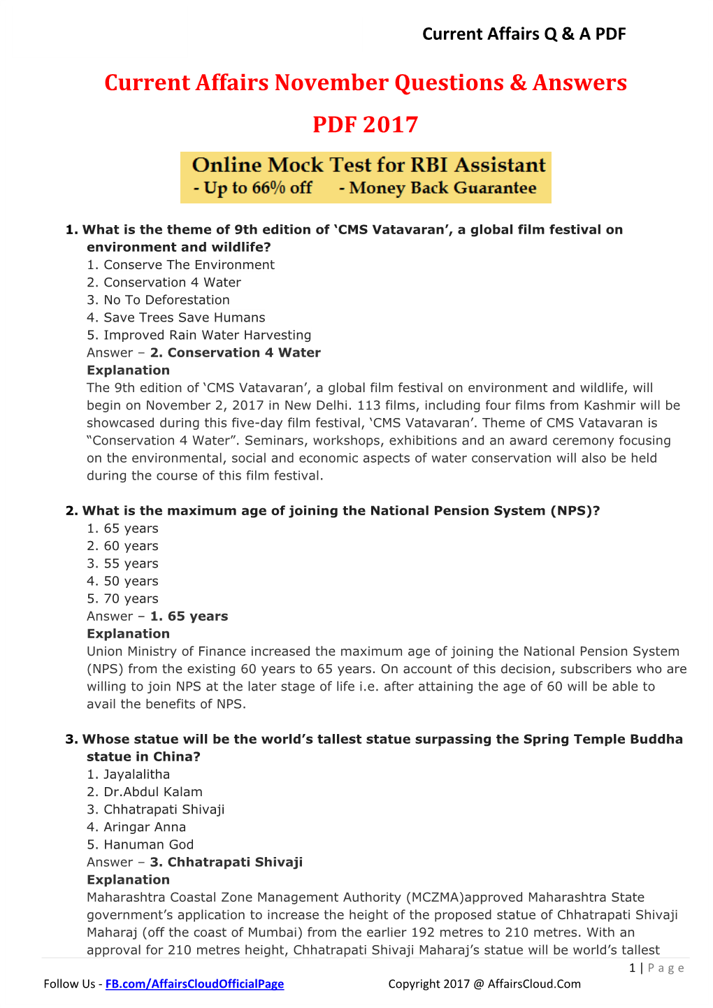 Current Affairs November Questions & Answers PDF 2017