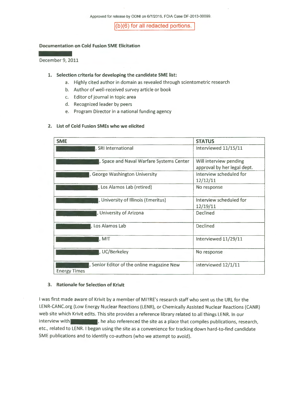 Request for Information Regarding Cold Fusion Case Study