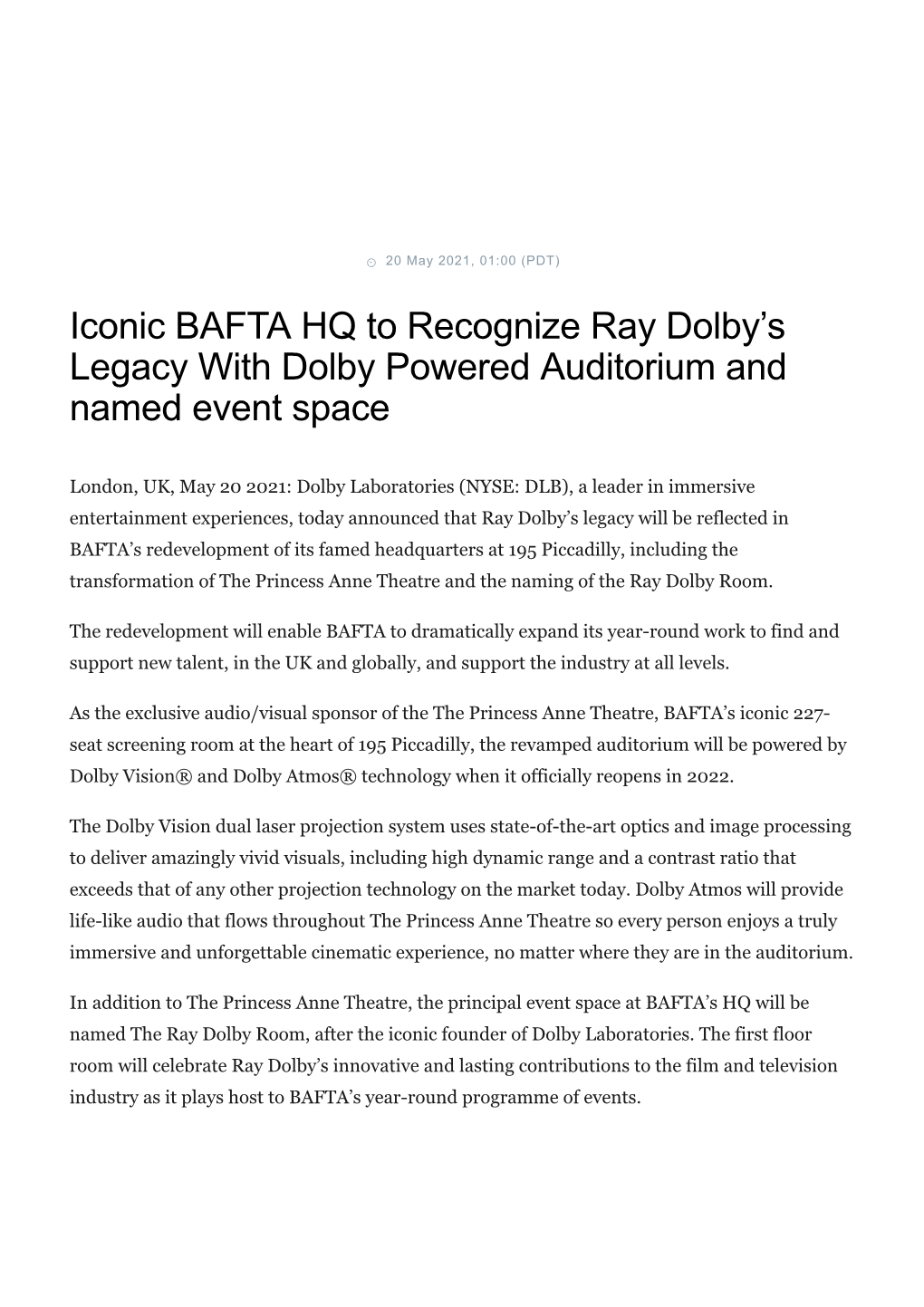Iconic BAFTA HQ to Recognize Ray Dolby's Legacy With