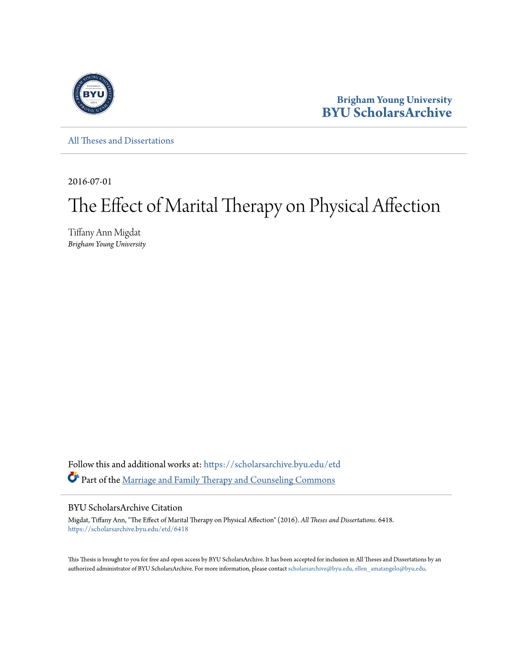 The Effect of Marital Therapy on Physical Affection" (2016)
