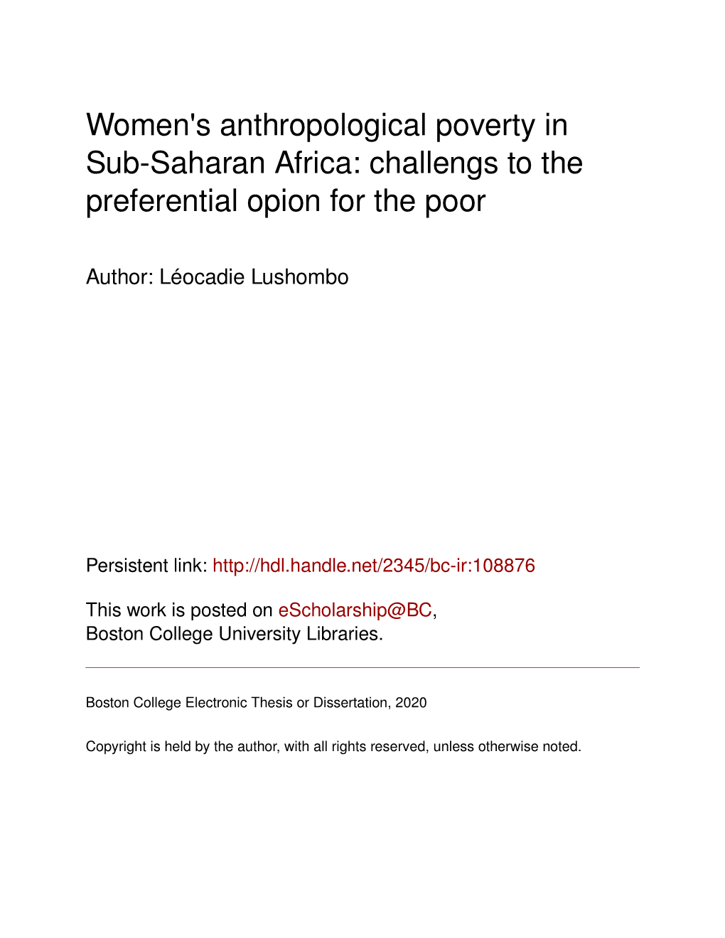 Women's Anthropological Poverty in Sub-Saharan Africa: Challengs to the Preferential Opion for the Poor