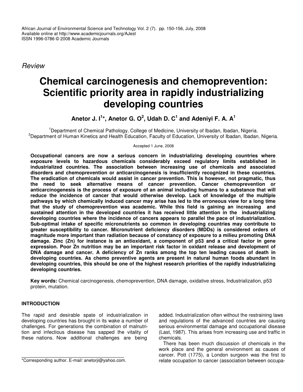 Chemical Carcinogenesis and Chemoprevention: Scientific Priority Area in Rapidly Industrializing Developing Countries