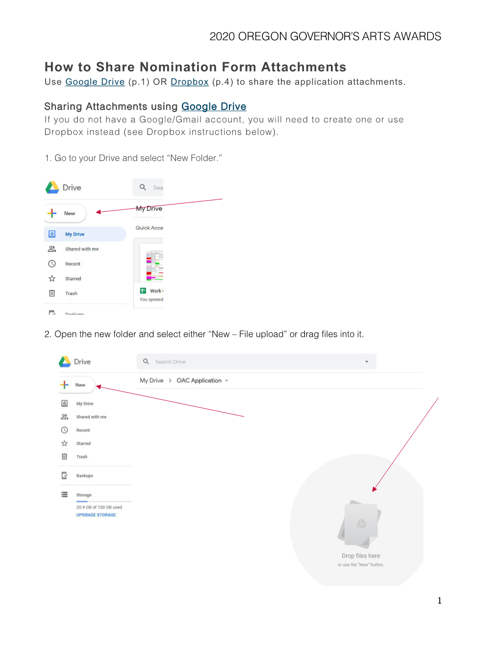 How to Share Nomination Form Attachments Use Google Drive (P.1) OR Dropbox (P.4) to Share the Application Attachments