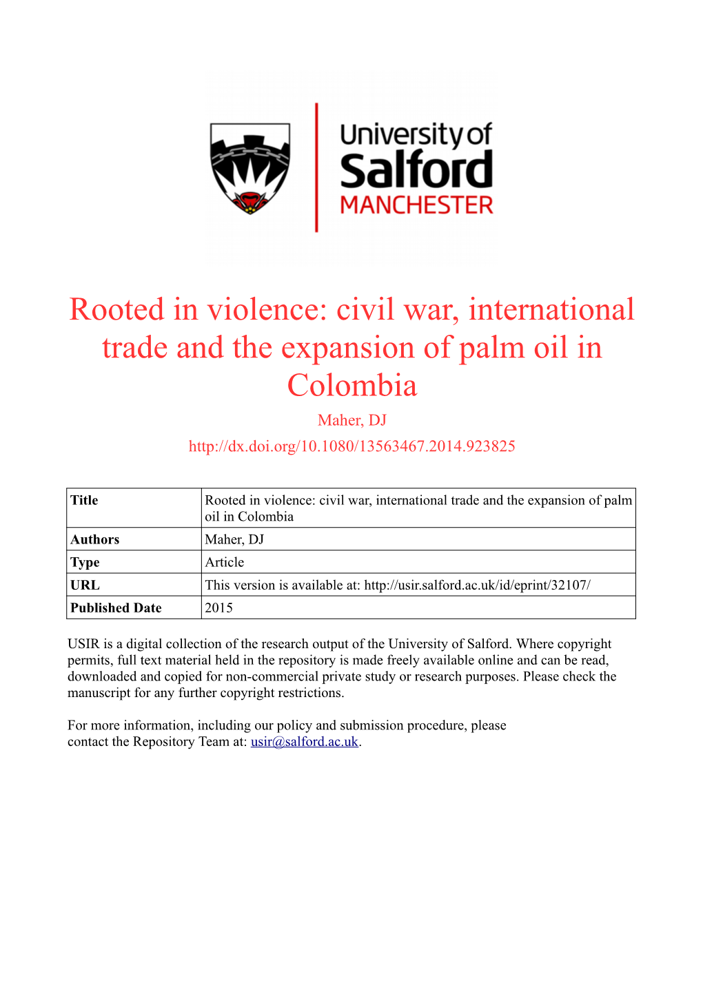 Rooted in Violence: Civil War, International Trade and the Expansion of Palm Oil in Colombia Maher, DJ