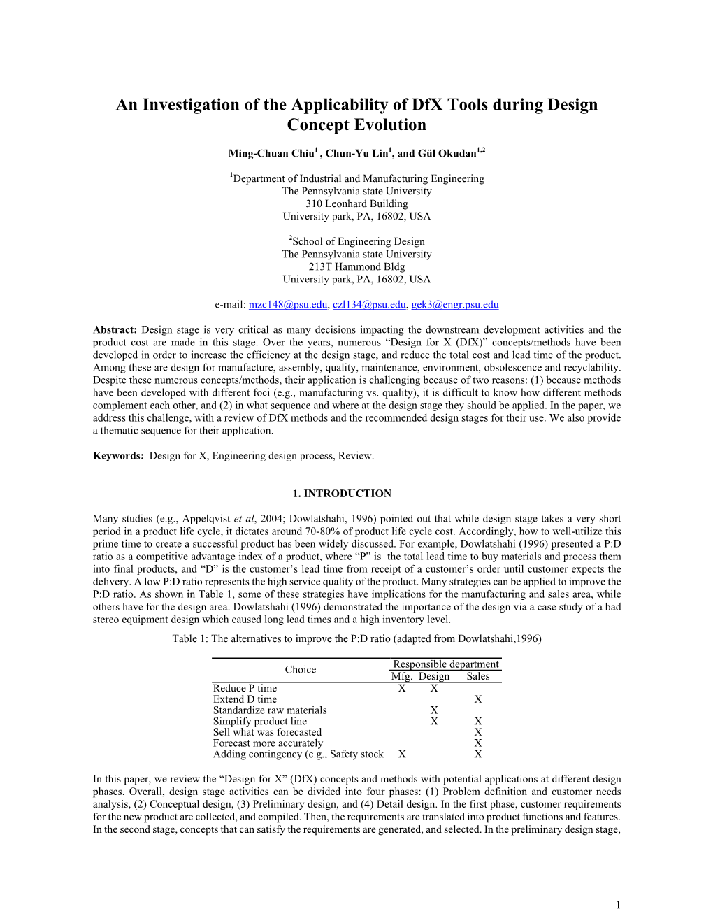 An Investigation of the Applicability of Dfx Tools During Design Concept Evolution