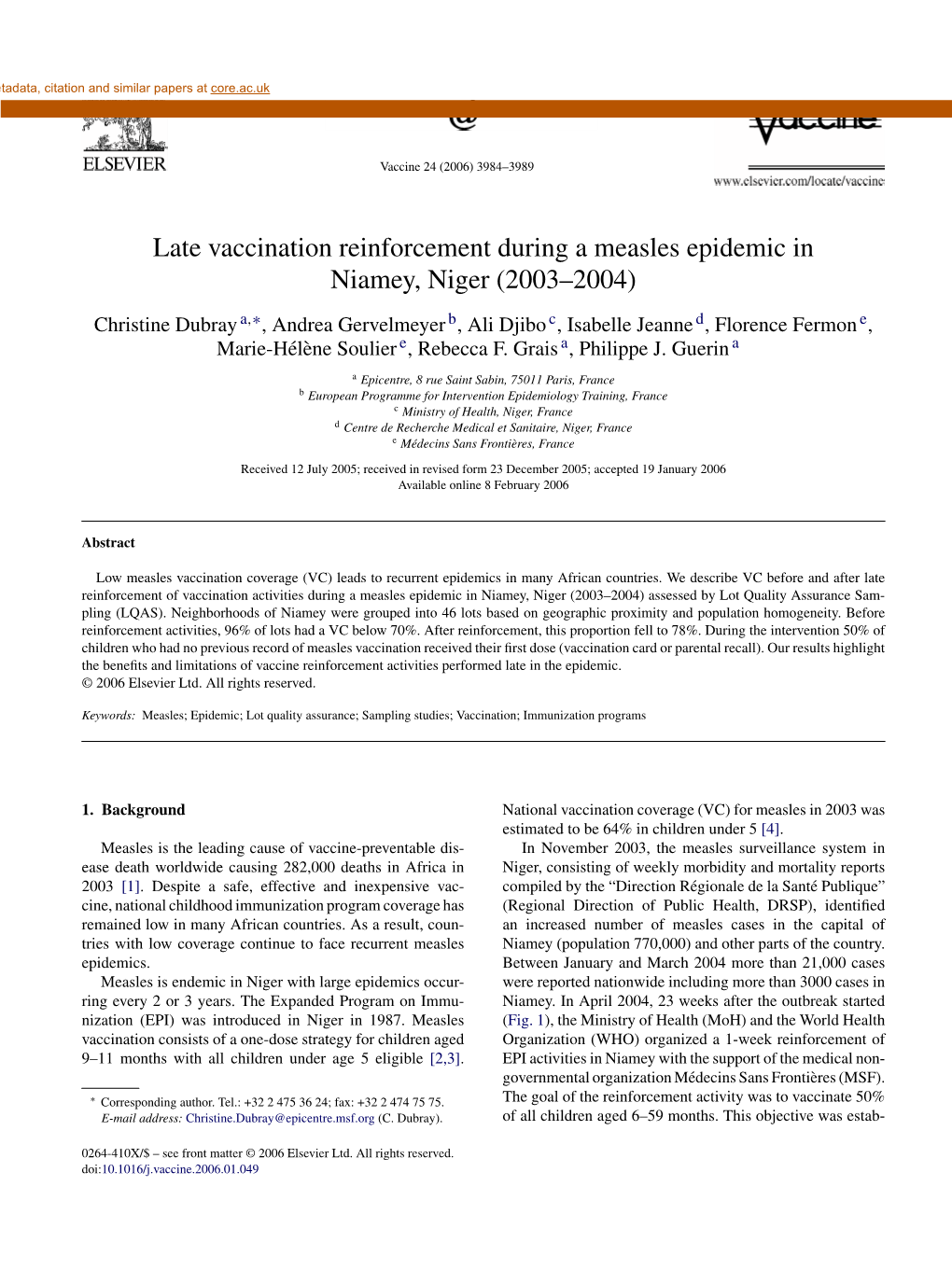 Late Vaccination Reinforcement During a Measles Epidemic in Niamey, Niger (2003–2004)