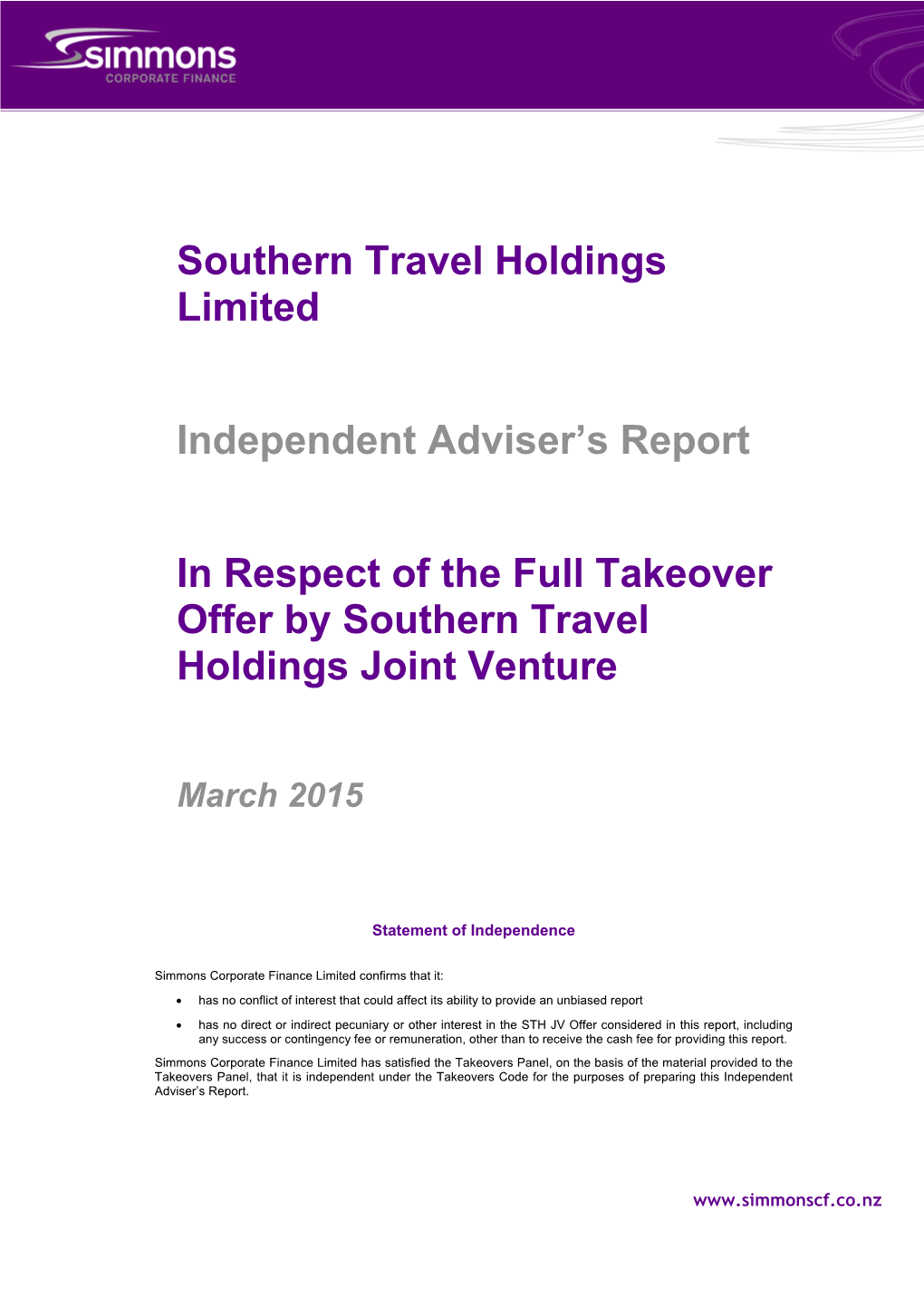 Southern Travel Holdings Limited 2015 Independent Advisers Report