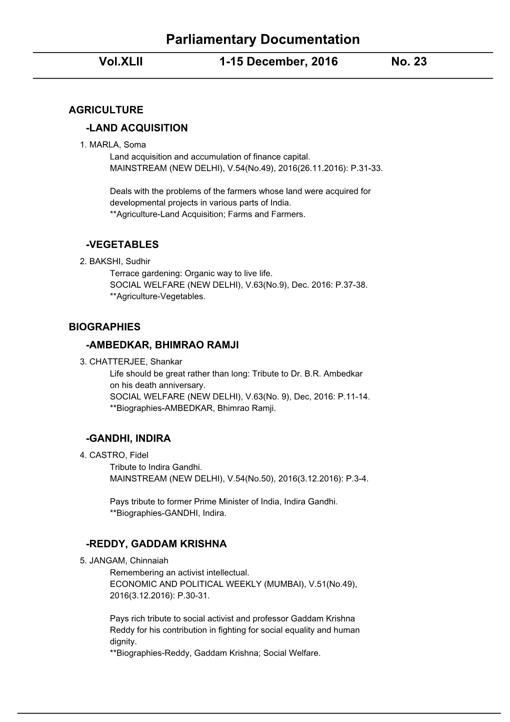 Parliamentary Documentation Vol.XLII 1-15 December, 2016 No