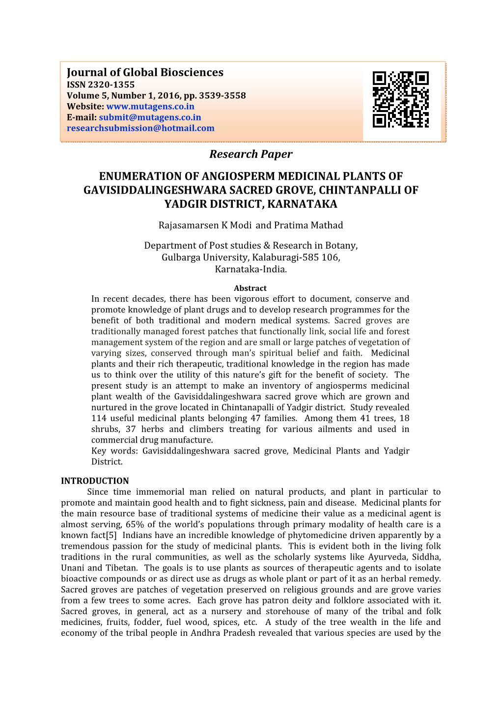 Research Paper ENUMERATION of ANGIOSPERM MEDICINAL PLANTS of GAVISIDDALINGESHWARA SACRED GROVE, CHINTANPALLI of YADGIR DISTRICT, KARNATAKA