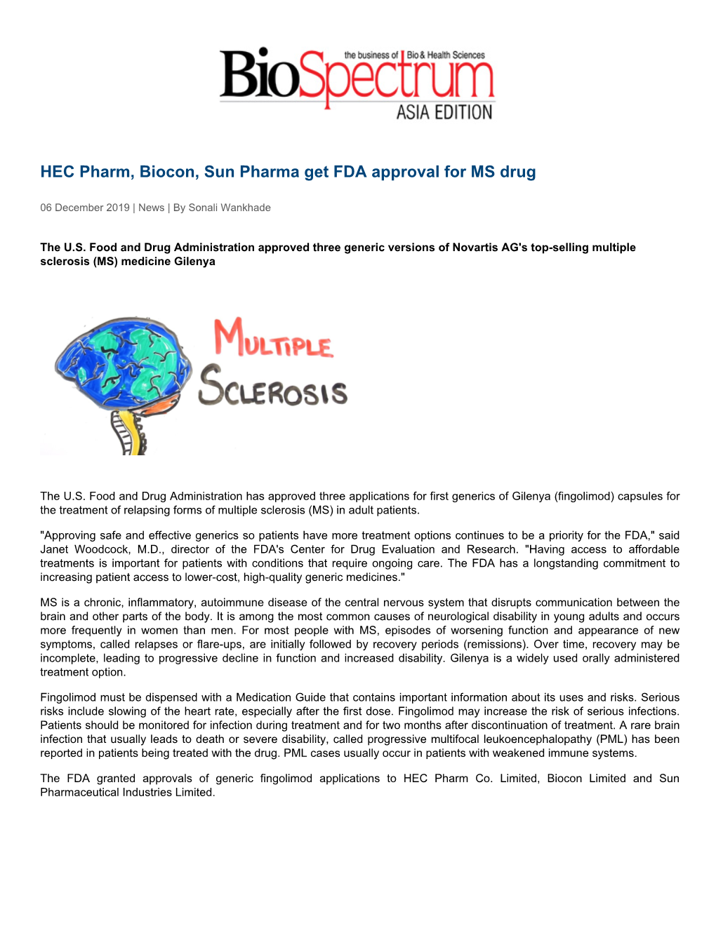 HEC Pharm, Biocon, Sun Pharma Get FDA Approval for MS Drug