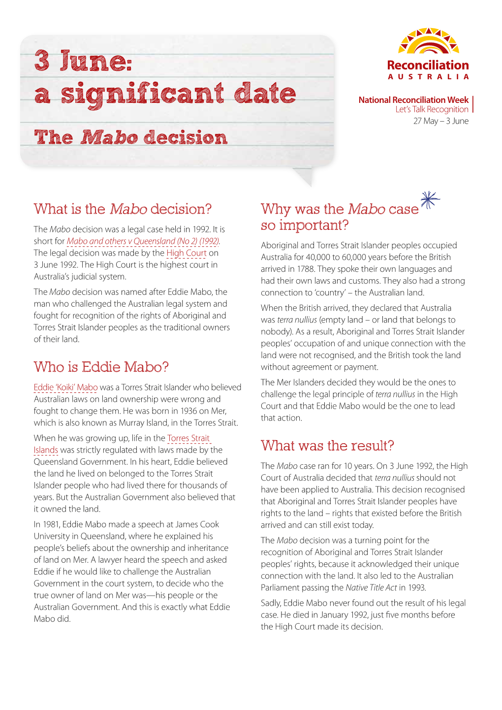 3 June: a Significant Date the Mabo Decision
