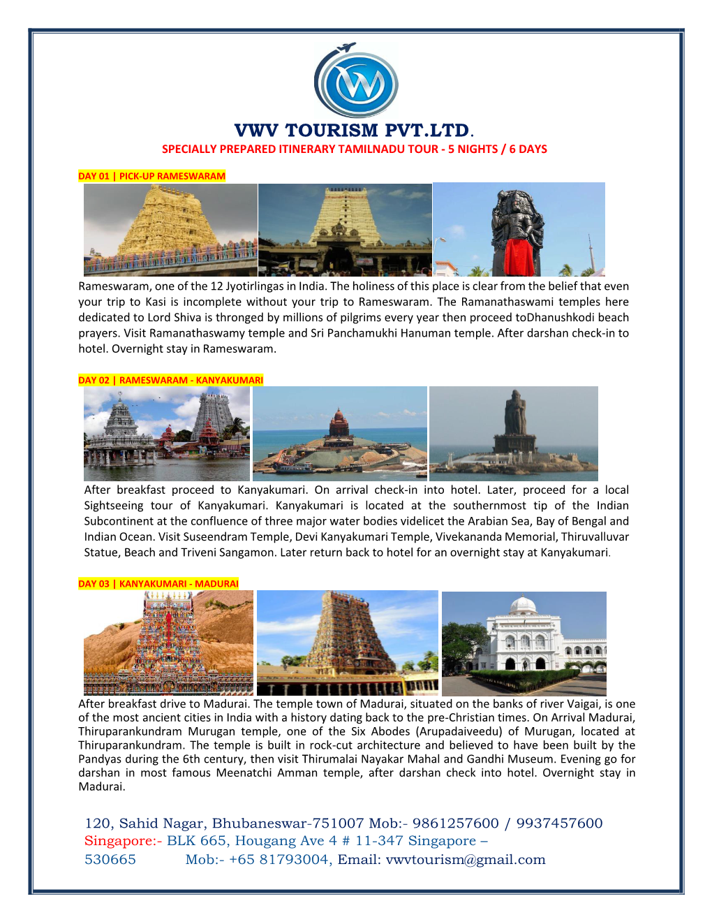 Vwv Tourism Pvt.Ltd. Specially Prepared Itinerary Tamilnadu Tour - 5 Nights / 6 Days